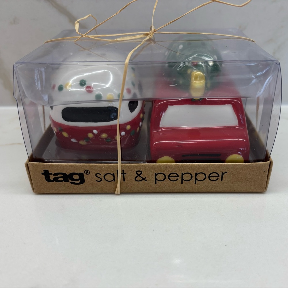 TAG Holiday Camper Car Salt & Pepper Shaker Set Festive Christmas Hostess Gift